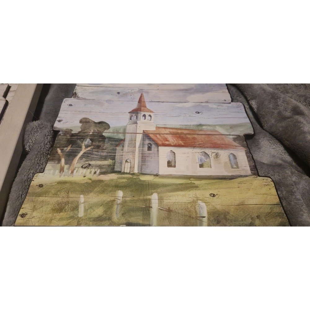 Rustic Country Church Scene Wall Hanging Painted Wood Board Folk Art Decor